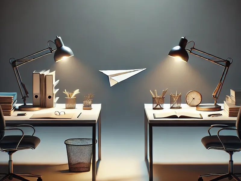 A paper airplane gliding between two lamp-lit desks