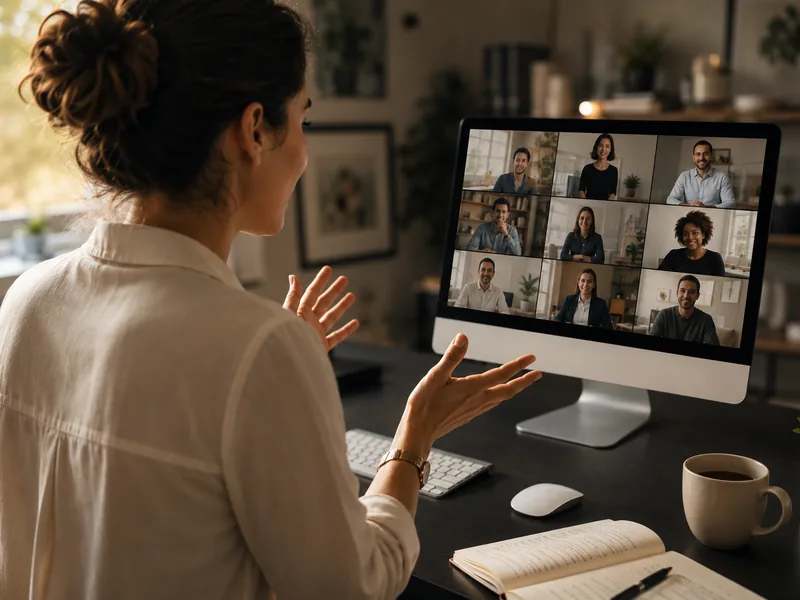 A woman at her desk gesturing as she speaks to a video call of colleagues